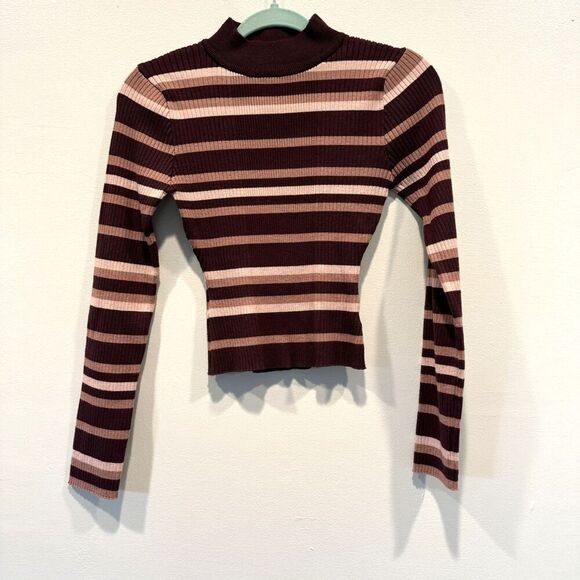 Sweater Tight Knit Mockneck Pullover Burgundy Stripe Stretch Retro Women Large - Picture 1 of 8